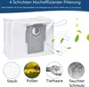 A vacuum cleaner dust bag with arrows indicating airflow and illustrations of what it filters. Produktbild-Vorschau