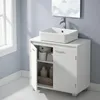 A white bathroom vanity with a vessel sink and faucet, shown with one door open revealing storage. Produktbild-Vorschau
