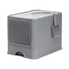 A gray, foldable cat litter box with a scoop attached to the side, shown against a white background. Produktbild-Vorschau