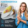 A woman is smiling and clapping her hands next to a toilet seat with a duck design. The background has text about customer service and company information. Náhled obrázku produktu