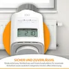 A white electronic radiator thermostat is shown attached to a radiator, with an orange circular overlay highlighting the product. Produktbild-Vorschau