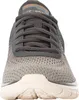 A close-up front view of a gray Skechers running shoe. Produktbild-Vorschau