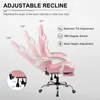 Diagram showcasing the adjustable features of a pink gaming chair, with text labels and angles indicating recline and height adjustments. Anteprima dell’immagine prodotto