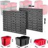 A collage of product images showing storage bins and wall panels with dimensions indicated. Podgląd zdjęcia produktu