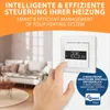 A hand is shown interacting with a smart thermostat mounted on a wall, with a blurred living room in the background. Anteprima dell’immagine prodotto
