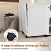 A white sewing cabinet with a folded-down side panel is shown in a room with tiled flooring and a decorative side table. Voir les images du produit