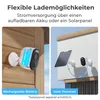 Split image showing two power options for a security camera: battery power and solar power. Produktbild-Vorschau