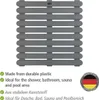 A grey slatted shower mat is shown from a top-down perspective, with descriptive text and a German flag logo. Produktbild-Vorschau