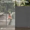 A split image showing a woman by a pool on the left with a fence, and a privacy screen on the right. Produktbild-Vorschau