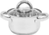 A stainless steel pot with a glass lid and two handles, shown from a slightly elevated front-diagonal angle against a white background. Produktbild-Vorschau