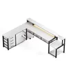 A white L-shaped desk with black metal frame, drawers, and shelves, shown from a slightly elevated angle against a white background. Produktbild-Vorschau