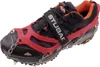 A single hiking shoe with red anti-slip crampons attached. Produktbild-Vorschau