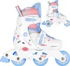 A pair of white, blue, and pink roller skates for children, shown from the side with a smaller, second skate in the background. Produktbild-Vorschau