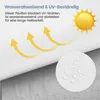 Close-up of a white fabric with water droplets and arrows indicating water repellency and UV protection, along with a sun icon. Produktbild-Vorschau
