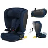 A collage of images showing a navy blue car seat from different angles and in different configurations, including a folded state and a demonstration of its adjustment mechanism. Náhled obrázku produktu