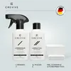 A product shot of a leather cleaning and care set, including two bottles and accessories, with text overlays indicating usage steps and origin. Produktbild-Vorschau