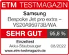 A product review badge from ETM TESTMAGAZIN for a Samsung Bespoke Jet pro extra vacuum cleaner. Podgląd zdjęcia produktu