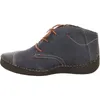 A side view of a blue women's bootie with brown laces. Voir les images du produit