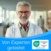 A man in a lab coat smiles at the camera, with a blue overlay at the bottom containing text and a logo. Produktbild-Vorschau