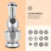 A kitchen mixer with a meat grinder attachment and various accessories, presented with descriptive text and icons. Produktbild-Vorschau