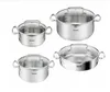 A set of four stainless steel pots with glass lids, arranged in a grid formation against a white background. Produktbild-Vorschau