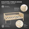 A wooden children's bed with safety features highlighted by text overlays and close-up insets. Produktbild-Vorschau