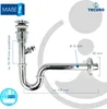 A chrome-plated siphon with a pop-up drain valve, shown with measurement indicators. Produktbild-Vorschau