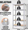 A silver metal shelving unit with MDF shelves, shown with weight icons indicating load capacity and dimensions. Produktbild-Vorschau
