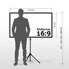 A silhouette of a person standing next to a projection screen with dimensions and aspect ratio indicated. Produktbild-Vorschau