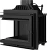 A black metal fireplace insert with glass doors and a chimney pipe on top, shown against a white background. Produktbild-Vorschau