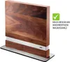 A wooden knife block with a silver accent band and a metal base, set against a white background. There is a green checkmark and text overlay on the right side. Anteprima dell’immagine prodotto