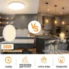 A split image showing a modern LED ceiling light on the left and traditional incandescent bulbs hanging in a kitchen on the right, with feature icons at the bottom. Anteprima dell’immagine prodotto