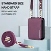 A purple leather crossbody phone case with a strap and card slots is displayed, with text highlighting its features. Produktbild-Vorschau