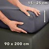 Hands are shown tucking a fitted sheet onto a mattress, demonstrating its size and fit. Produktbild-Vorschau