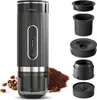A portable electric espresso machine and its components are displayed on a white background, with coffee beans and grounds. Produktbild-Vorschau