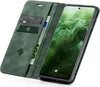 A green flip case for a smartphone, open to reveal the phone screen and card slots. Produktbild-Vorschau