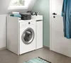 A laundry room with a washing machine, storage unit, and a door with a robe hanging on it. Produktbild-Vorschau