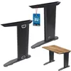 Three black desk legs and one assembled desk with a wooden top, displayed against a white background. Anteprima dell’immagine prodotto