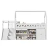 A white loft bed with a slide and stairs, featuring integrated shelving and cabinets. Podgląd zdjęcia produktu