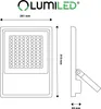 Technical drawing of a LUMILED LED floodlight with dimensions and branding. Voir les images du produit