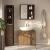 A modern bathroom vanity set with a sink, mirror, and storage cabinets, styled with toiletries and a bathrobe. Podgląd zdjęcia produktu