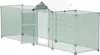 A long, rectangular chicken coop with a white roof and green mesh sides, set against a white background. Voir les images du produit