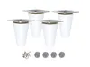 Four white furniture legs with silver mounting plates and a pile of screws and felt pads. Produktbild-Vorschau