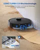 A black robot vacuum cleaner is shown cleaning a wooden floor with stains, highlighting its mopping technology. Produktbild-Vorschau