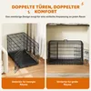 Two dog crates are shown, one with a ramp and side door, the other with a front door. Text describes features. Produktbild-Vorschau