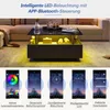 A modern coffee table with LED lighting in a living room setting, with screenshots of a mobile app below. Produktbild-Vorschau