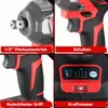 A collage of four close-up images of a cordless impact wrench, highlighting different features. Produktbild-Vorschau