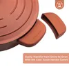 Close-up of a copper-colored pan with silicone handle covers and a marketing text overlay. Produktbild-Vorschau