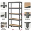 A dark gray metal shelving unit with five wooden shelves, shown with close-up insets highlighting its construction and features. Produktbild-Vorschau