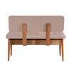 The back view of a beige upholstered bench with wooden legs and supports. Náhľad obrázku produktu